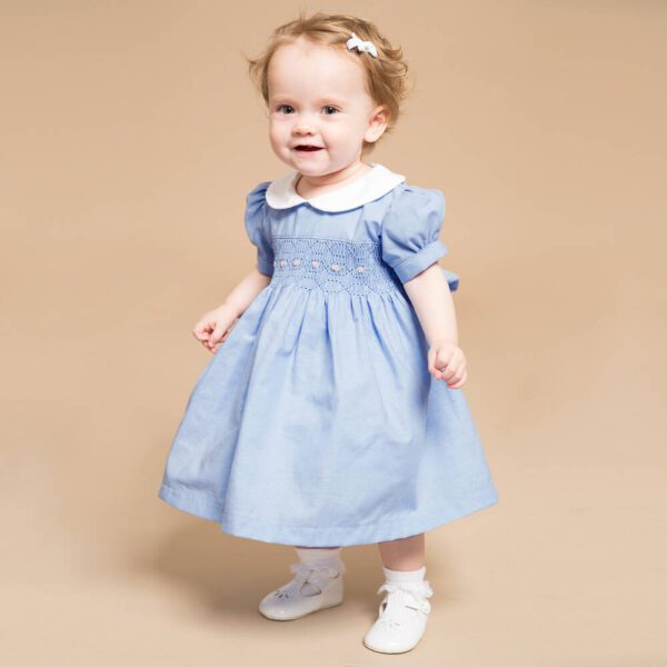 Girl Short Sleeve Smocking Blue Dress