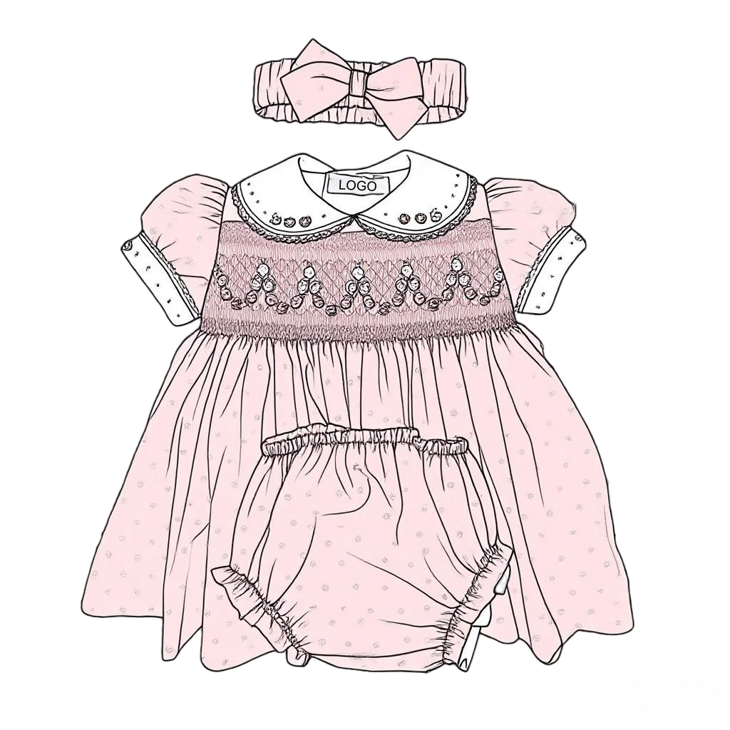 CustomPink Puff Sleeve Smocked Dress for Baby Girls